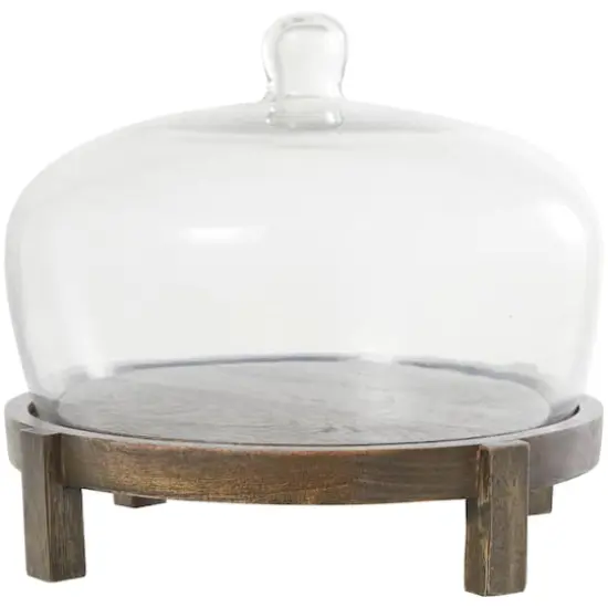 12.5" Dark Brown Mango Wood Cake Stand with Glass Cloche {7}