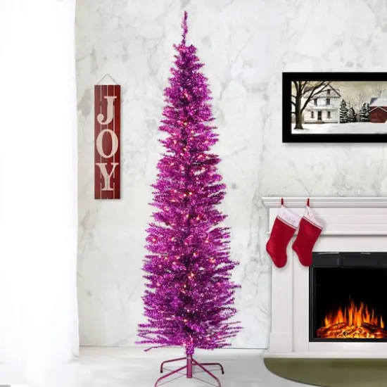 7ft. Pre-Lit Pink Tinsel Artificial Christmas Tree {3}