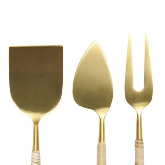 Hello Honey&reg; Gold Stainless Steel Cheese Servers with Woven Rattan Handles Set {3}