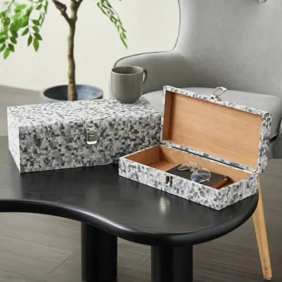 Gray Fabric Handmade Storage Decorative Box with Bronze Latches Set {3}