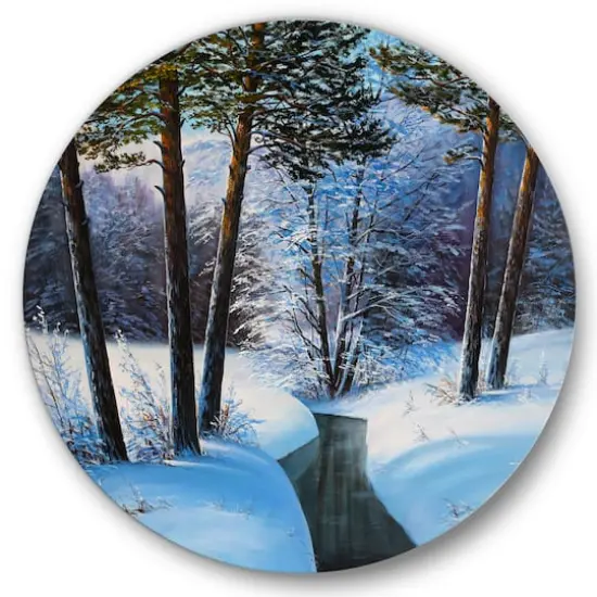 Designart - Christmas Forest With River and Trees III - Traditional Metal Circle Wall Art {1}