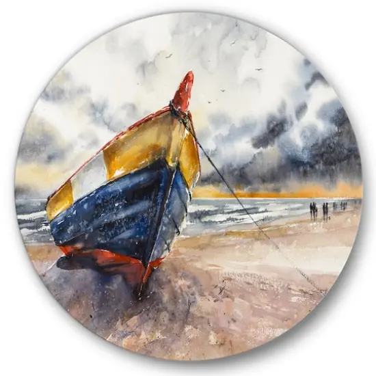 Designart - Wooden Boat On The Baltic Shores - Nautical & Coastal Metal Circle Wall Art {4}