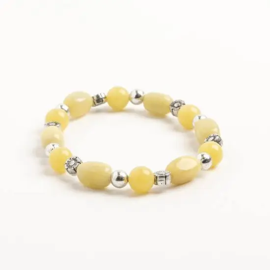 John Bead New Jade Natural Stone Stretch Bracelet with Silver Flower Spacer Beads {4}