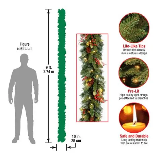 9' x 10" Pre-lit Classical Collection Artificial Christmas Garland with Red Berries, Cones, Holly Leaves and 50 Clear Lights {6}