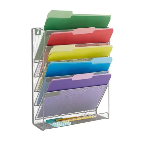 Mind Reader 6 Compartment Vertical Hanging Wall File & Chart Organizer Silver {12}
