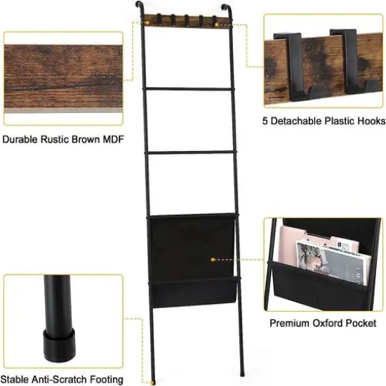 NEX&trade; 64.5" Farmhouse Decorative Ladder with 5 Hooks & Pocket {6}