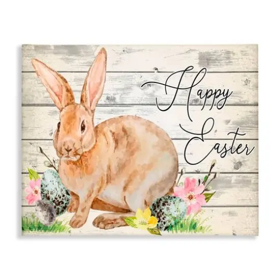 Stupell Industries Spring Floral Happy Easter Bunny Canvas Wall Art {1}