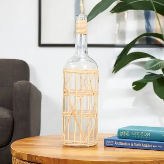 23" Clear Glass Handmade Tall Vase with Light Brown Rattan Woven Body and Neck {7}