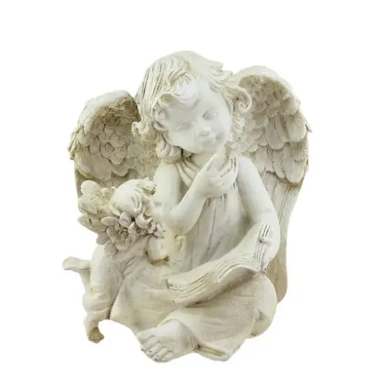 8.5" Heavenly Gardens Distressed Ivory Sitting Angel with Book & Friend Outdoor Garden Statue {1}