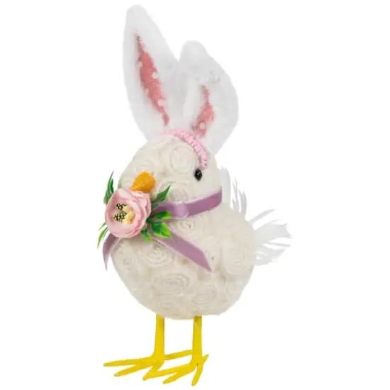 8.75" Floral Easter Chick Accent with Polka Dot Faux Fur Rabbit Ears  {6}