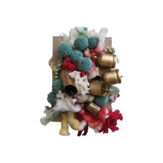 Hello Honey 6ft. Multicolor Handmade Wool & Cotton Blend Garland with Pom Poms & Antique Gold Metal Bells {4}