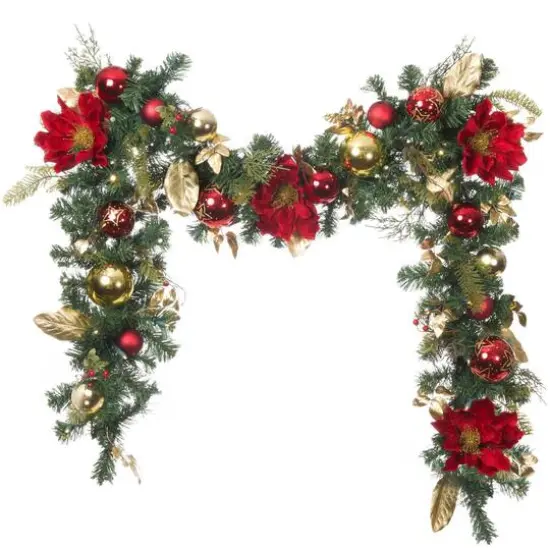 9 ft. Pre-Lit LED Golden Leaf Red Magnolia Artificial Christmas Garland {1}