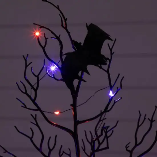 4ft. Pre-Lit Artificial Halloween Black Spooky Twig Tree with Bats and 120 Orange & Purple LED Lights {9}