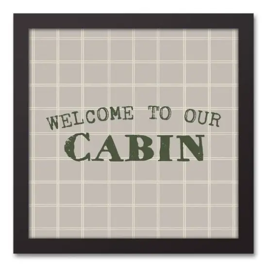 Welcome To Our Cabin Gray and White Check Canvas Wall Art in Black Frame {1}