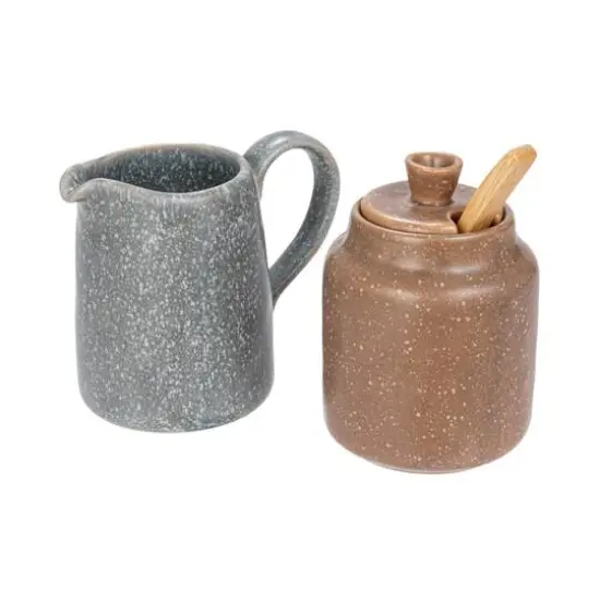 Hello Honey® Gray & Brown Stoneware Creamer & Sugar Pot Set with Bamboo Spoon {1}