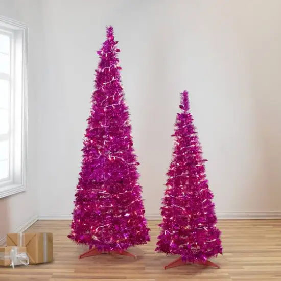 6ft. Pre-Lit Pink Tinsel Pop-Up Artificial Christmas Tree, Clear Lights {3}