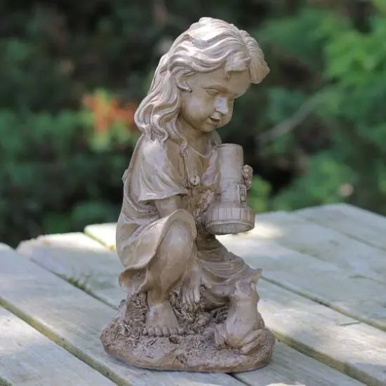 12.25" Brown Girl with Frog Solar Powered LED Lit Outdoor Garden Statue {4}