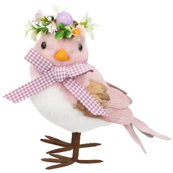 7.75" Pink Plush Bird Easter Accent with Gingham Bow {1}