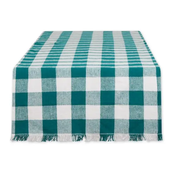 DII&reg; 108" Heavyweight Check Fringed Table Runner Teal {1}