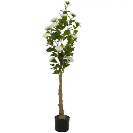 4.5ft. Green Faux Camellia Foliage Artificial Tree with Black Plastic Pot {3}