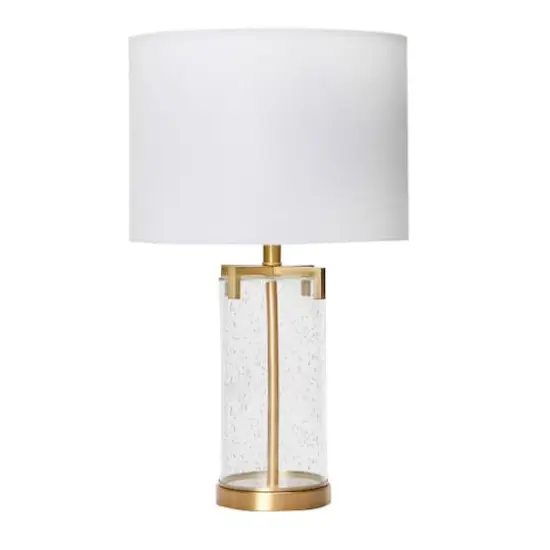 Hello Honey&reg; Glass & Metal Brushed Gold Lamp with White Linen Shade {1}