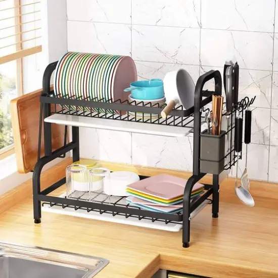 NEX&trade; 16.5" Black 2-Tier Kitchen Dish Rack with Utensil Holder {6}