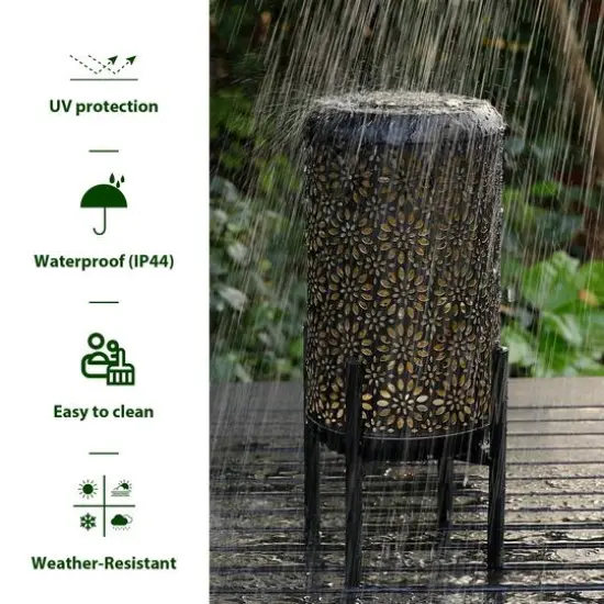 Glitzhome&reg; 14.25" Black Metal Cutout Flower Pattern Solar Powered LED Outdoor Lanterns, 2ct. {7}