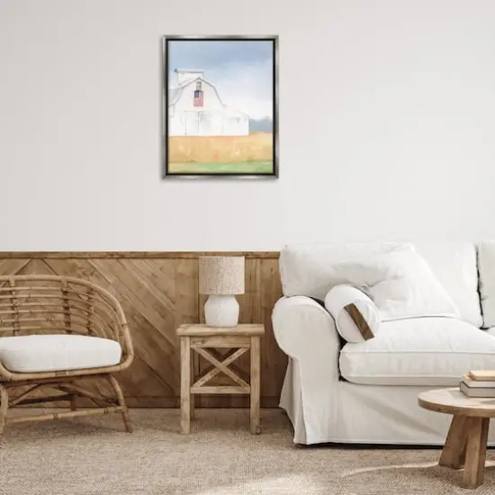 Stupell Industries American Flag White Country Barn Rural Scenery Floater Framed Art Gray {3}