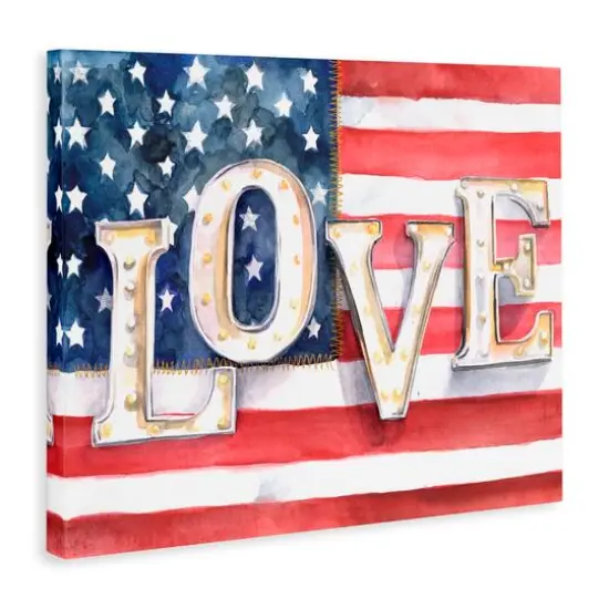Stupell Industries Vintage Love Text Over Stitched American Flag Canvas Wall Art {4}
