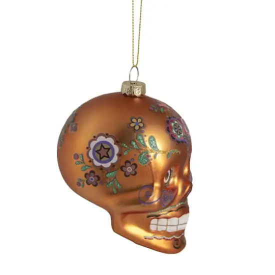 Orange Day of the Dead Glass Skull Halloween Ornament {5}