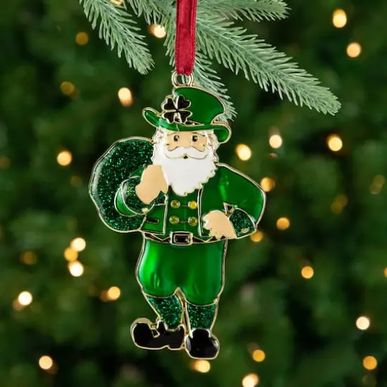 3.5" Green Brass-Plated Irish Santa Christmas Ornament with European Crystals {3}