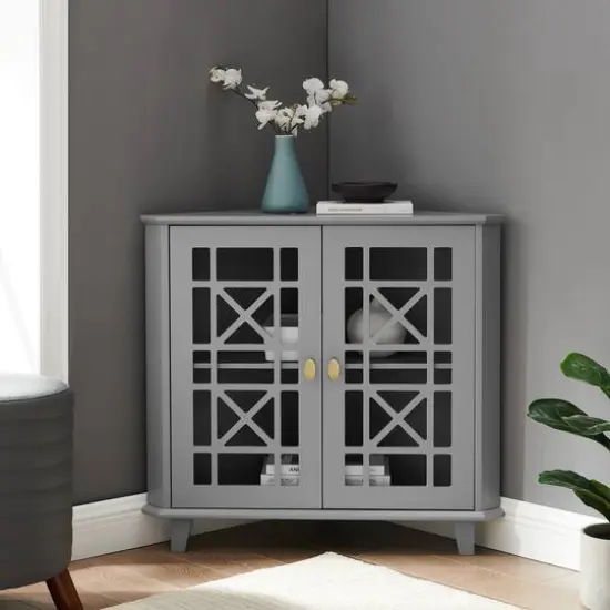 Walker Edison 30" Grey Fretwork Corner Accent Cabinet {5}