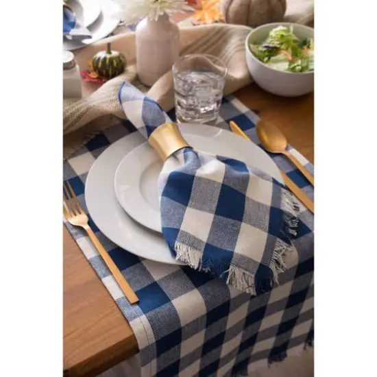 DII&reg; 108" Heavyweight Check Fringed Table Runner Navy {5}