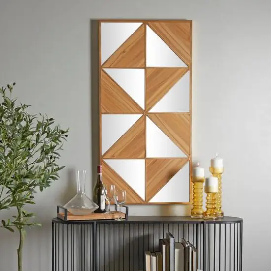 Light Brown Wood Triangle Mirrored Geometric Wall Decor 24" x 2" x 47" {7}