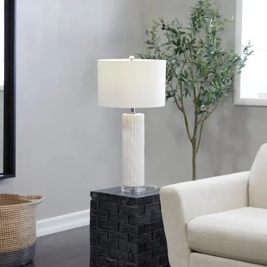 White Ceramic Fluted Base Table Lamp with Drum Shade 15" x 15" x 30" {9}