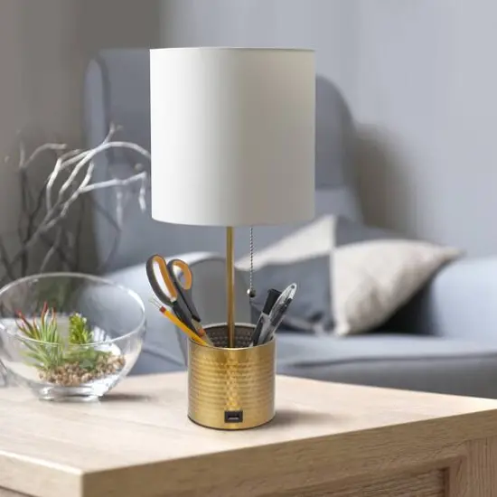 Simple Designs 18.5" Hammered Metal Container Base Table Lamp with USB Charging Port White/Gold {6}
