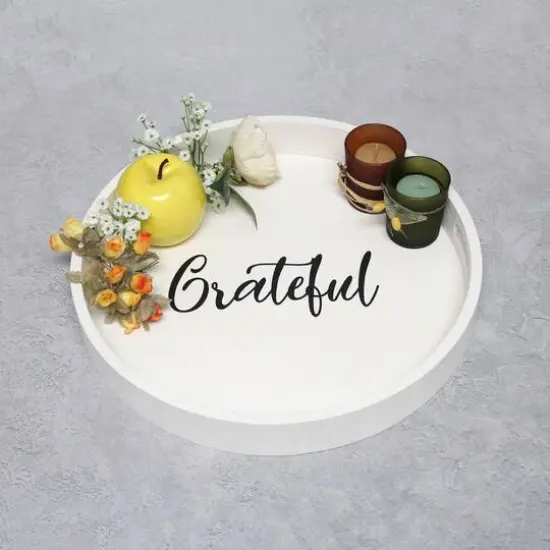 Elegant Designs™ 13.8" Round White Wash Grateful Serving Tray with Handles {6}