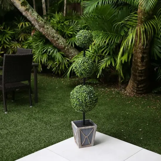 4ft. LED UV Resistant Triple Ball Boxwood Topiary in Decorative Planter {8}