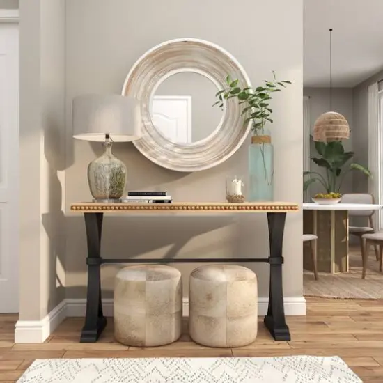 35" Cream Wooden Framed Wall Mirror with White Wash Effect {11}