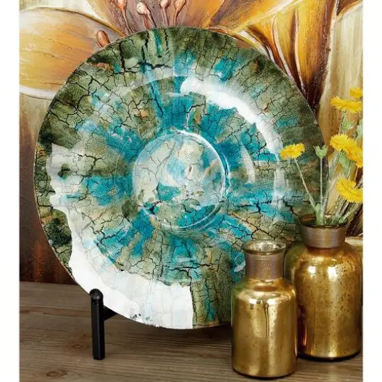 18" Green & Turquoise Glass Glam Decorative Plate with Stand {9}