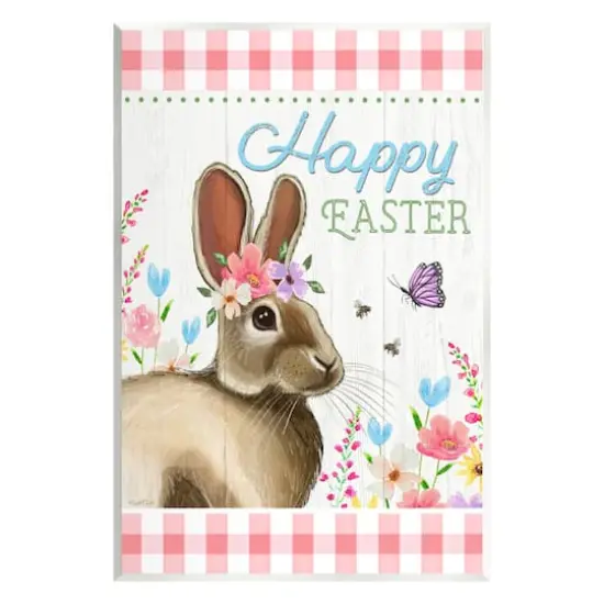 Stupell Industries Happy Easter Floral Gingham Rabbit Wall Plaque Art {1}