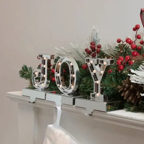 6.5" Silver LED JOY Christmas Stocking Holder Set {3}