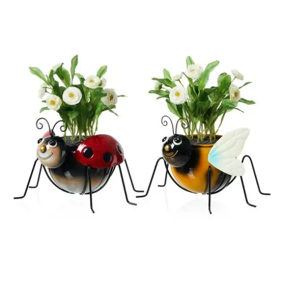 Glitzhome&reg; 10" Bee & Ladybug Metal Statue Planter Set {8}