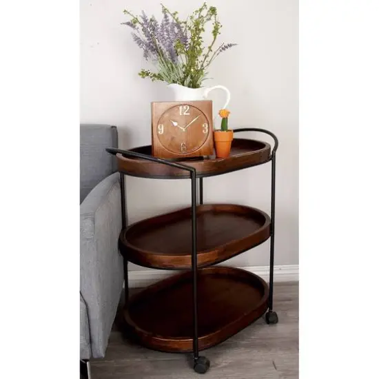 3-Tier Brown Pine & Metal Traditional Bar Cart {8}