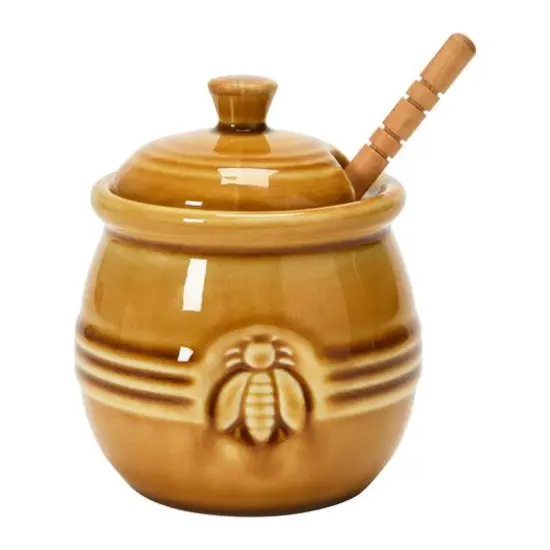 Hello Honey® 4.3" Amber Orange Farmhouse Embossed Stoneware Honey Pot with Wood Honey Dipper {1}