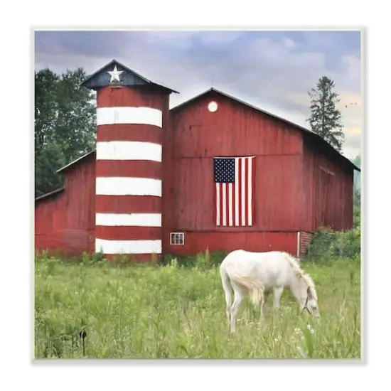 Stupell Industries Grazing White Horse Red Americana Barn Flag Wall Plaque Art {1}