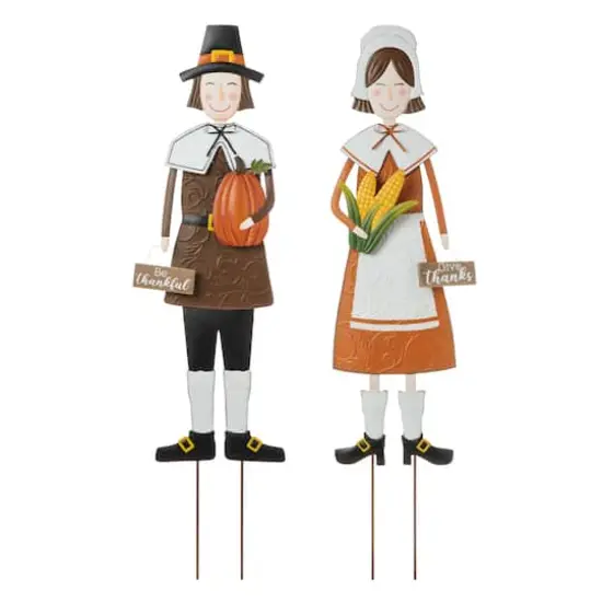 Glitzhome&reg; Metal Thanksgiving Pilgrim Hanging Or Standing Yard Stake Set {1}
