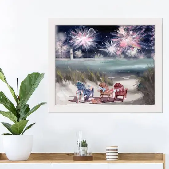 Beach Fireworks White Framed Print Under Plexiglass {3}