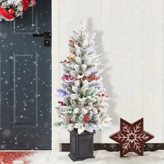 Glitzhome® 4ft Pre-Lit Flocked Artificial Christmas Porch Tree, Multi-color LED Lights {4}