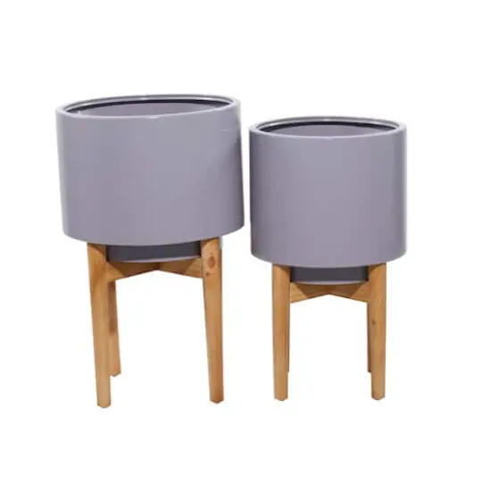 Gray Iron Contemporary Planter with Natural Legs Set {1}